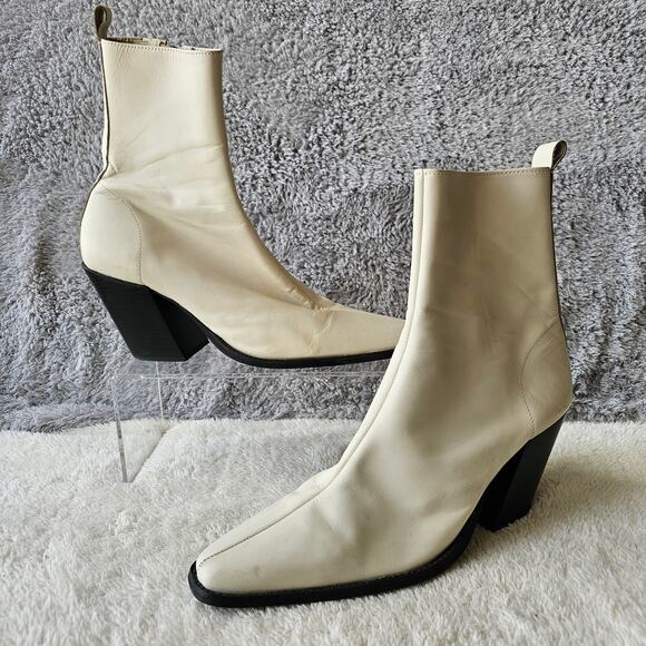 ASOS Women's Leather Angled Heeled Chelsea Ankle Bootie Size 10 White Side Zip - Picture 2 of 12
